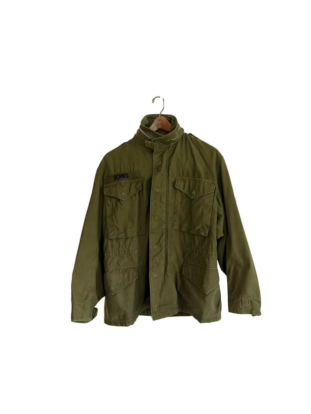 Vintage Olive Green Military Field Jacket Patches Dennis Small Distressed